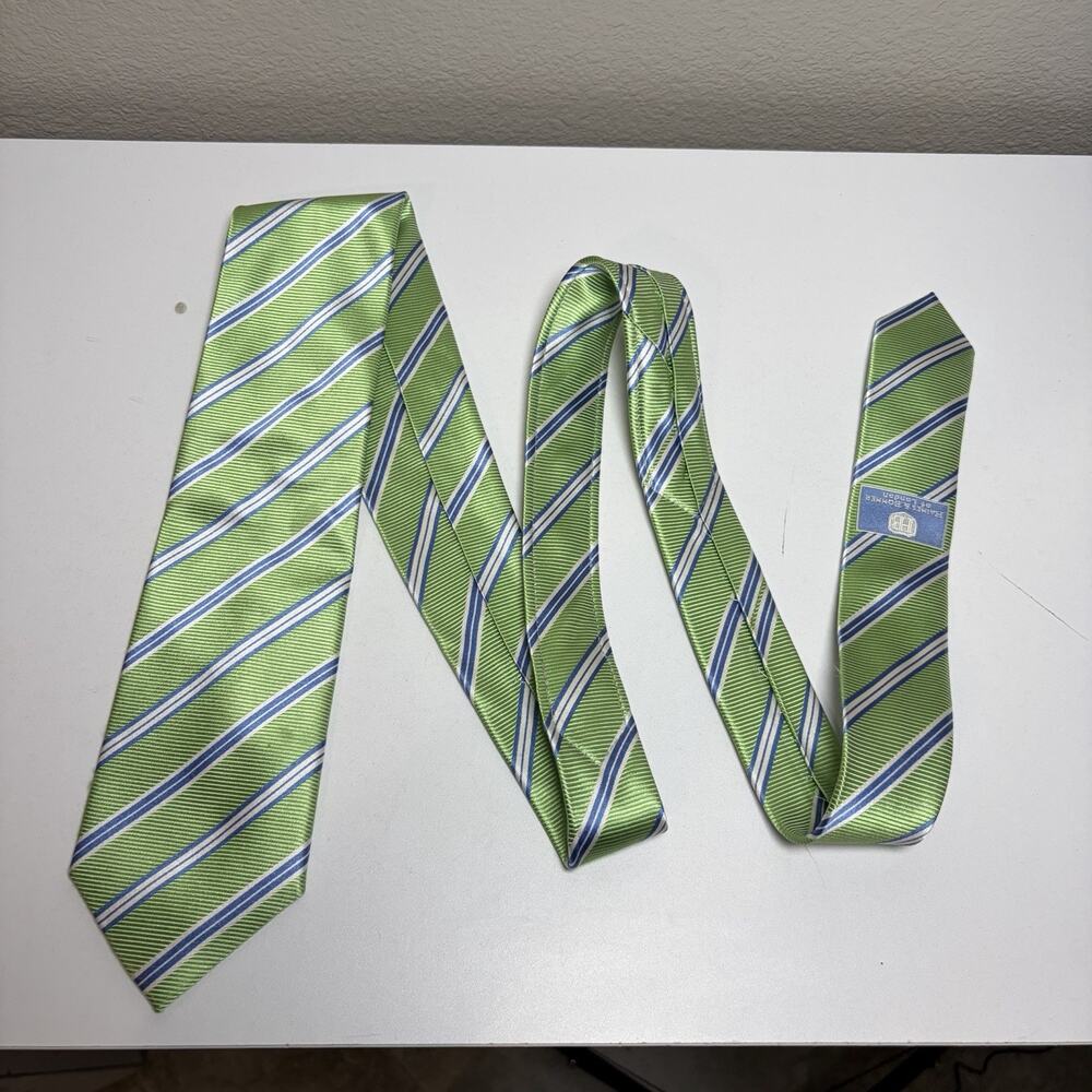 Haines & Bonner of London Men's Green Blue White Stripes Tie Silk